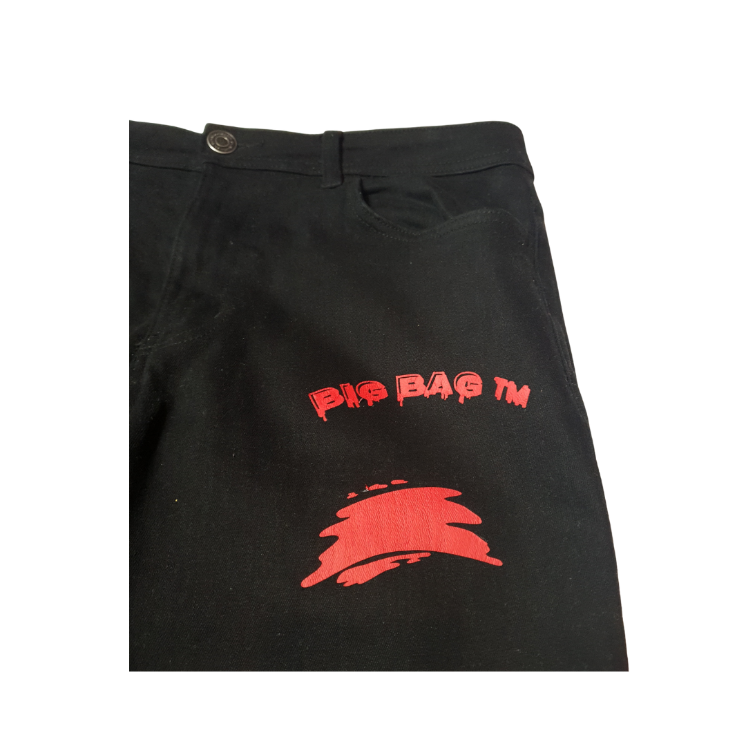 BIG BAG MULTI PRINT STRAIGHT LEG JEANS "blood money"