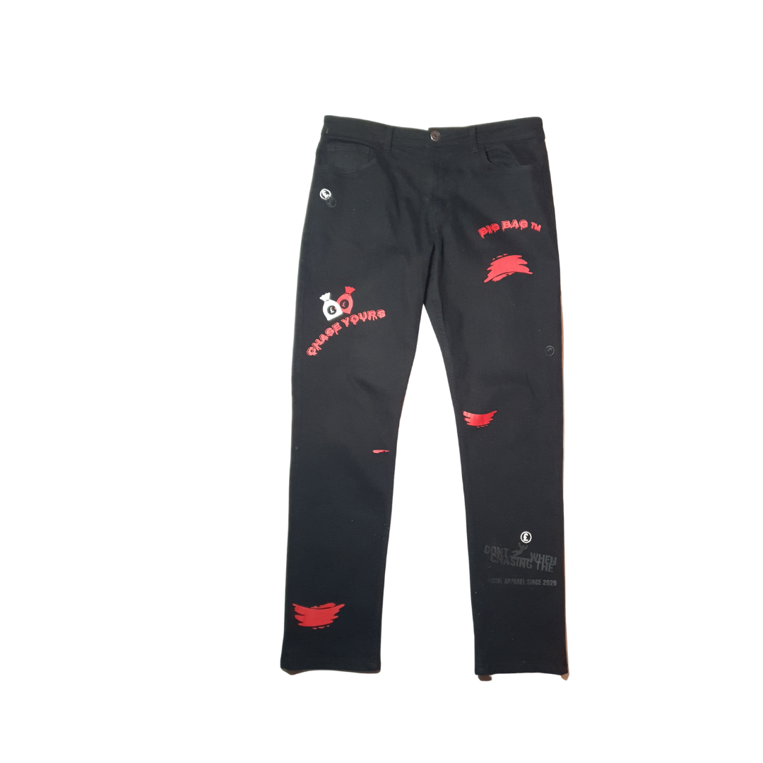 BIG BAG MULTI PRINT STRAIGHT LEG JEANS "blood money"